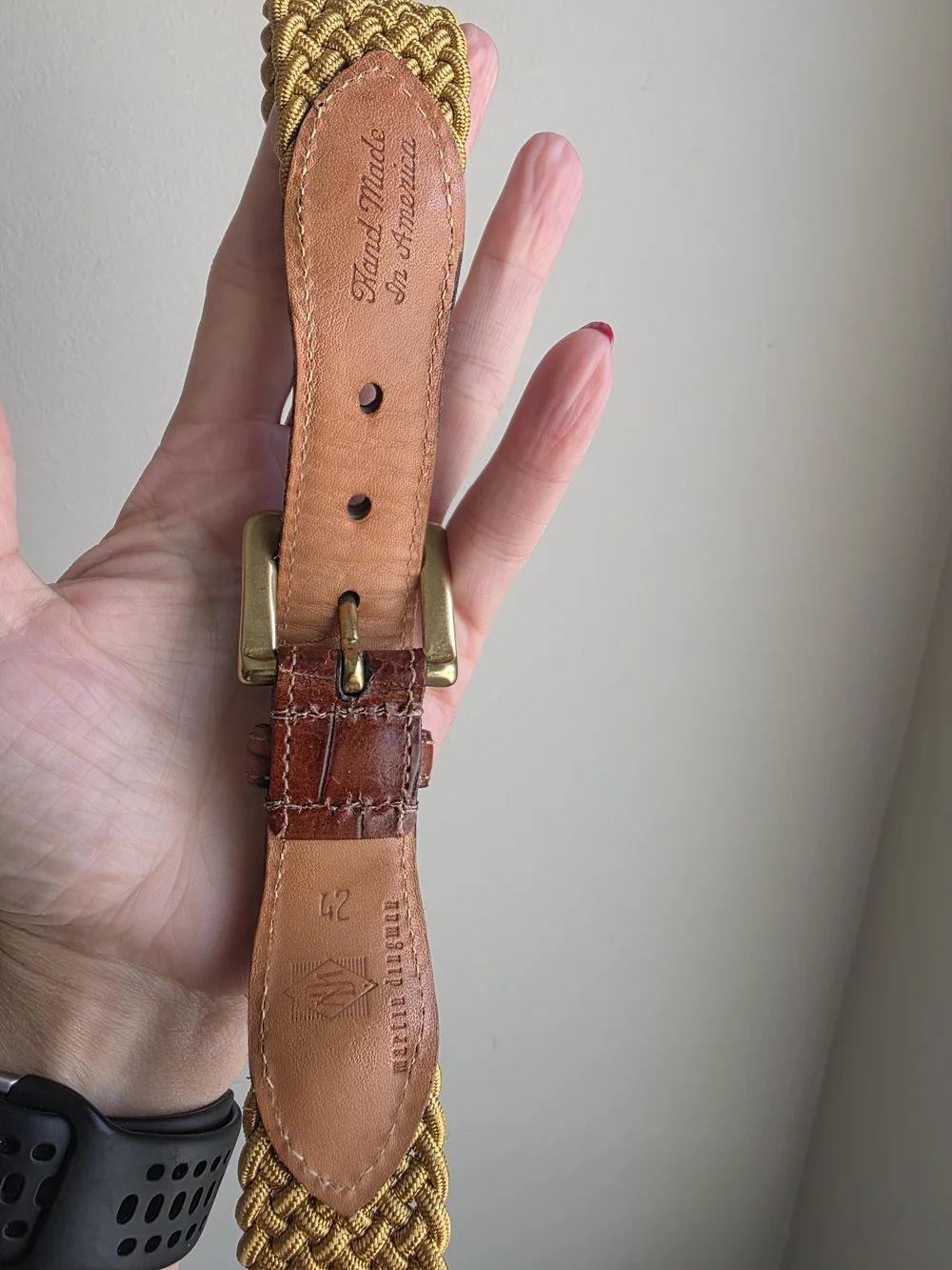 Martin Dingman Gold Woven Stretch Leather Trim Belt Size 42 Hand Made USA